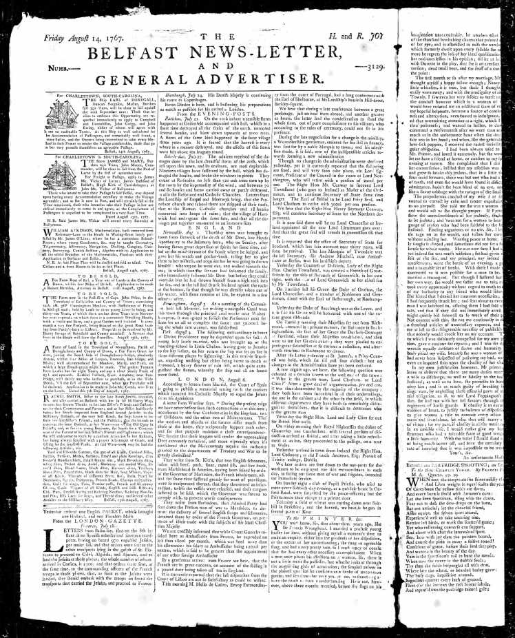 Belfast Newsletter, 14 Aug 1767