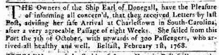 Belfast Newsletter 2 Feb 1768 Earl Arrival