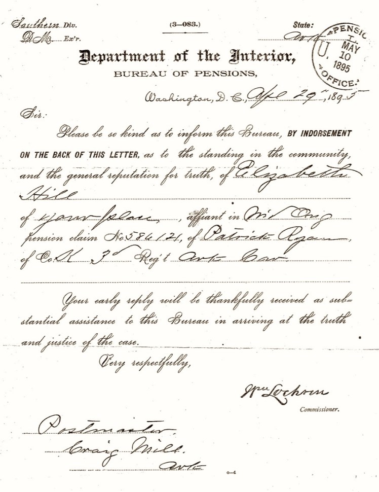 Elizabeth Hill, Establishment of Credibility, Patrick Ryan, Patrick Union Pension File