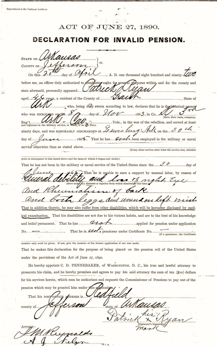 Ryan, Patrick, Invalid Declaration, Union Pension File, 20 April 1892