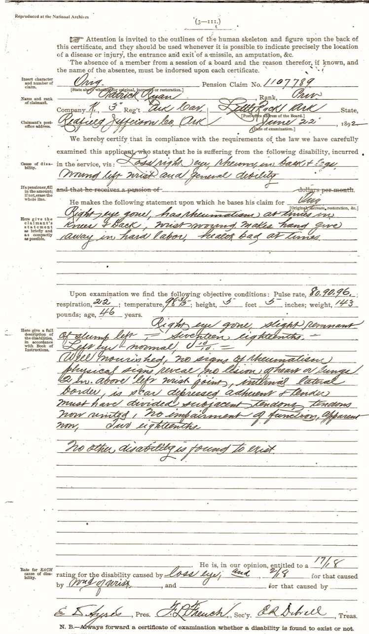 Ryan, Patrick Union Pension File, Medical Examining Board