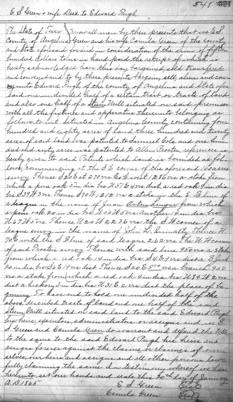 Green, E.S. Deed, 20 Jan. 1865, Angelina Co., TX DB E, p. 548