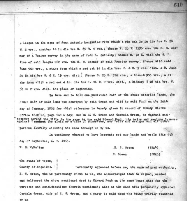 Green, E.S. Deed, 4 Sept. 1865, Angelina Co., TX DB F, p. 619