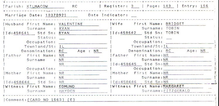 Ryan, Valentine Marriage to Bridget Tobin