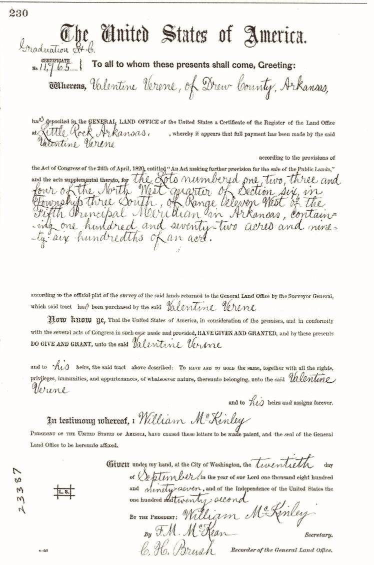 Valentine Ryan 1859 Land Patent, Jefferson Co. (Reissued 1897)