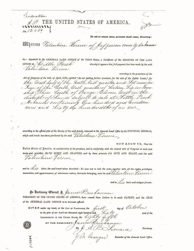 Valentine Ryan 1860 Land Patent, Jefferson Co.