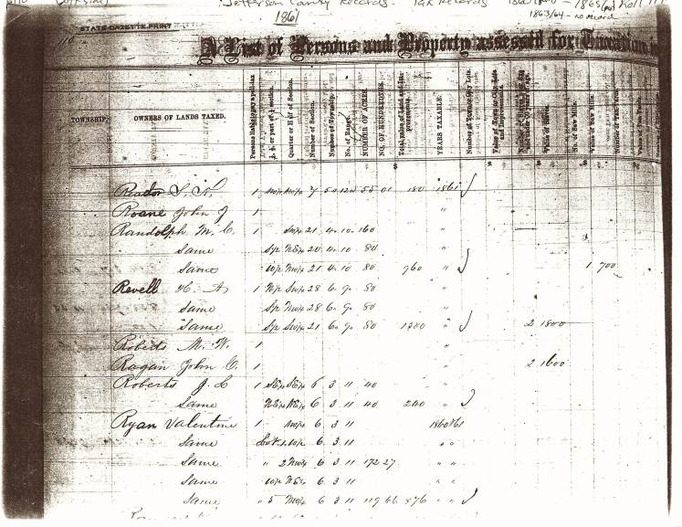 Valentine Ryan 1861 Jefferson County Tax List p. 110