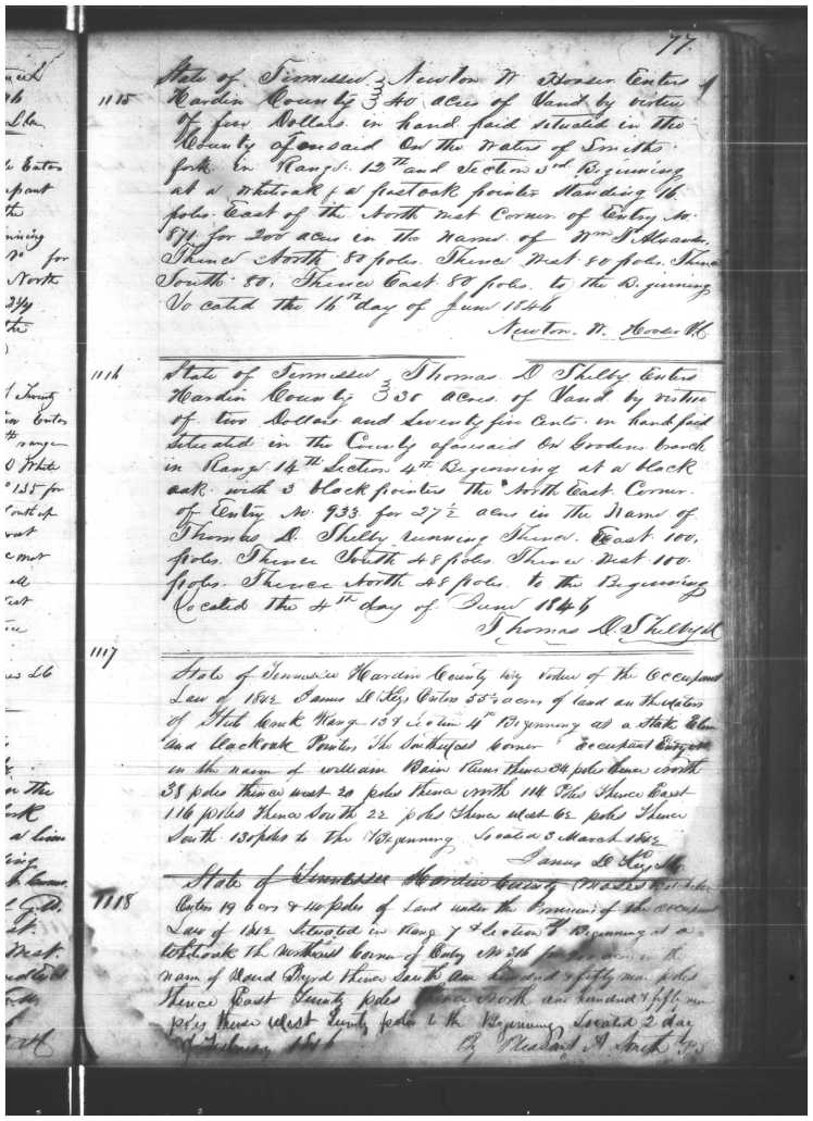 Batchelor, Moses, 2 Feb 1846, Hardin Co. Land Entry Bk. 5, p77 #1118