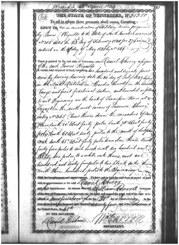 Cherry, Daniel, Certificate 21280, 21 Jan 1824, TN Land Entry Bk. W, p. 801