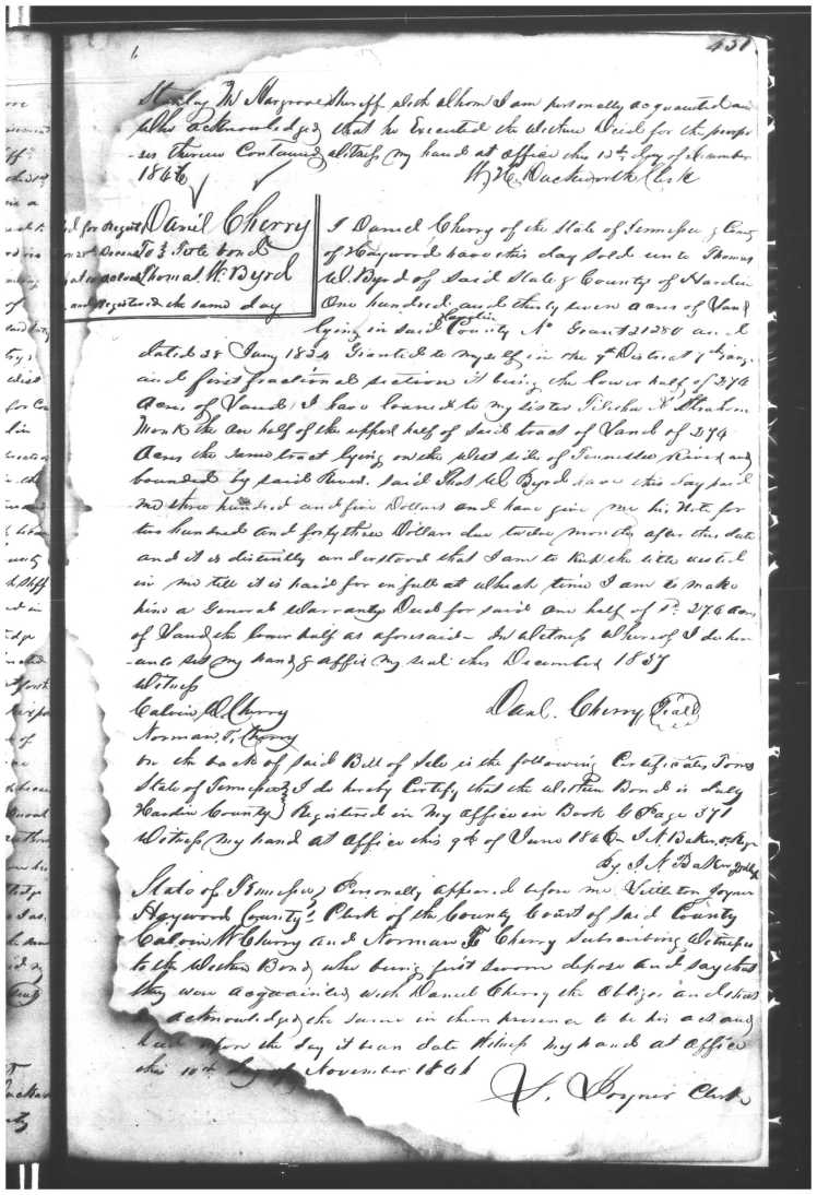 Cherry, Daniel to Thomas W. Byrd, Dec 1837, Hardin DB G p451