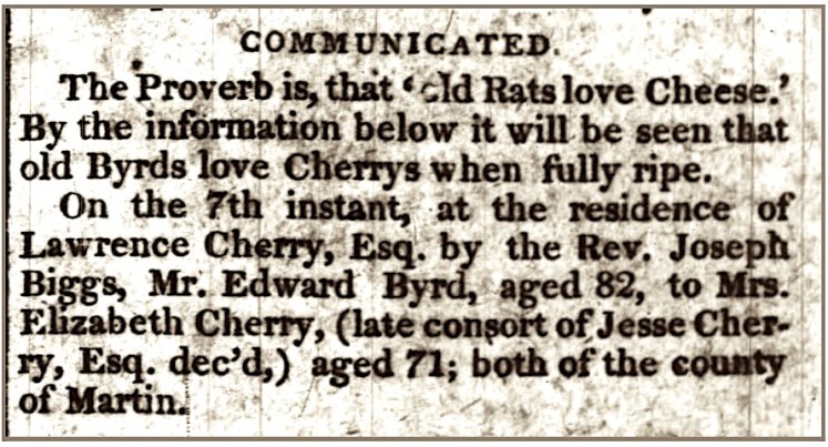Cherry, Elizabeth Marriage to Edward Byrd, Raleigh Register, 22 Feb 1822, p. 3, col. 5