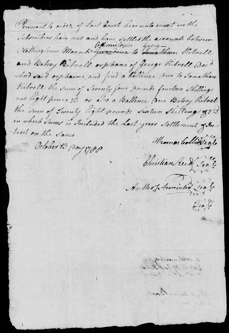 Monk, Nottingham, 13 Oct 1788 Audit of Account, Kittrell Orphans