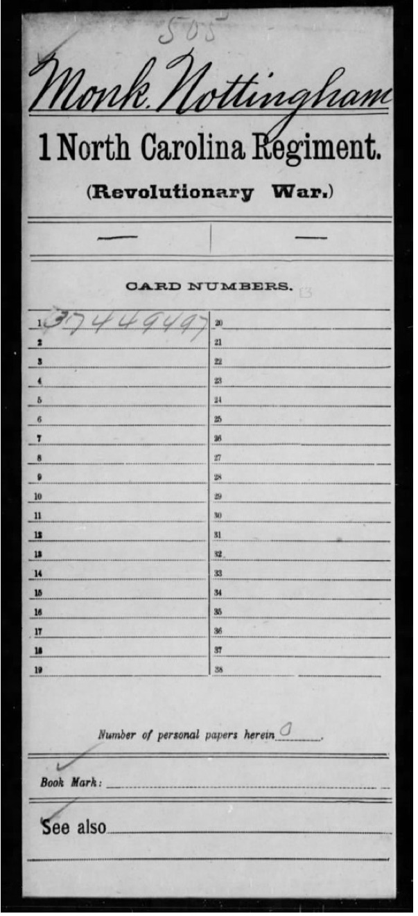 Monk, Nottingham, Compiled Service Records of Soldiers Who Served in the American Army During the Revolutionary War, M881, RG 92, roll 781 (1)