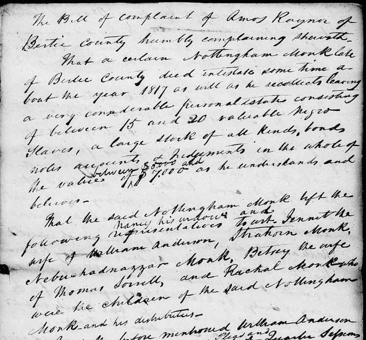 Monk, Nottingham Estate File, Bertie Co., NC 13 October 1824(169)