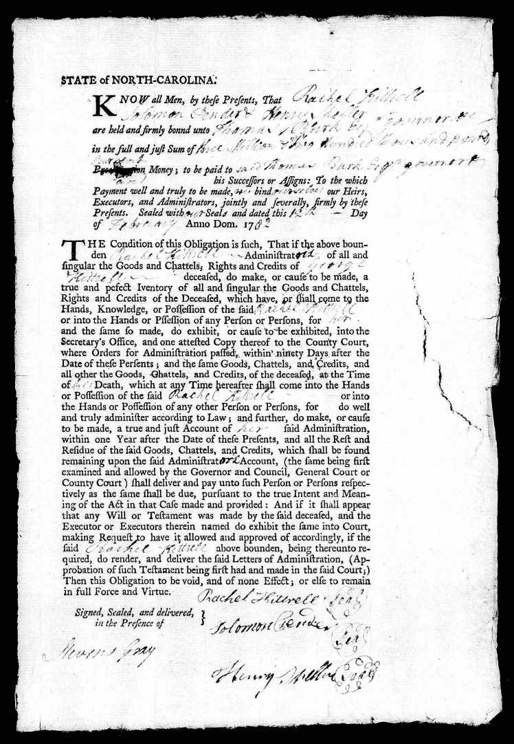 Strachan, Rachel Kittrell, 12 Feb 1782 Bond, Adm. of Estate of George Kittrell