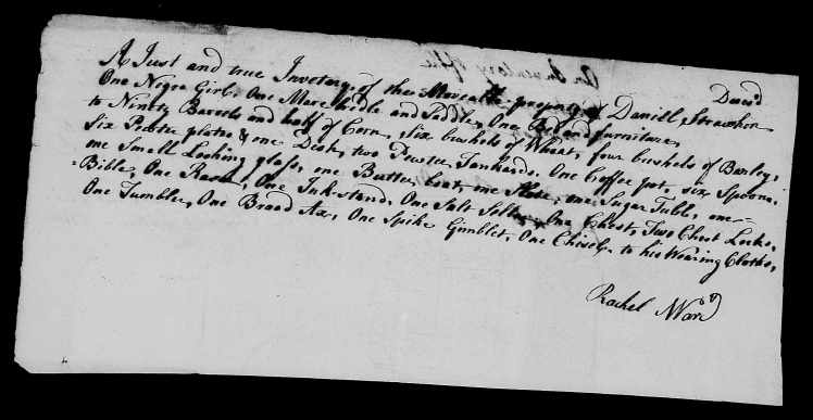 Strachan, Rachel Ward, Inventory of Estate of Daniel Strawhon, Nov 1785
