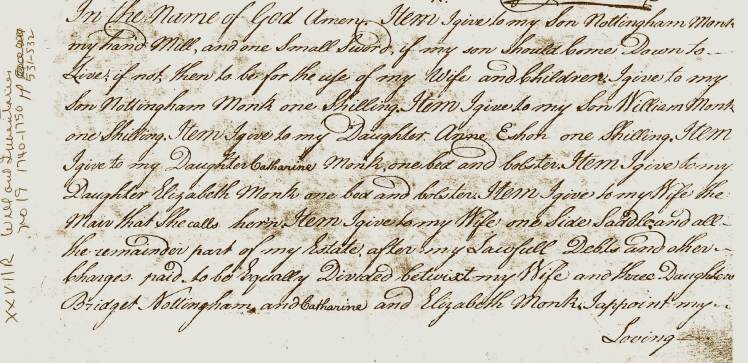 Monk, William, Northampton Co., Va., Wills and Inventories 27-R, #19, 1740-50, p. 531 (1)