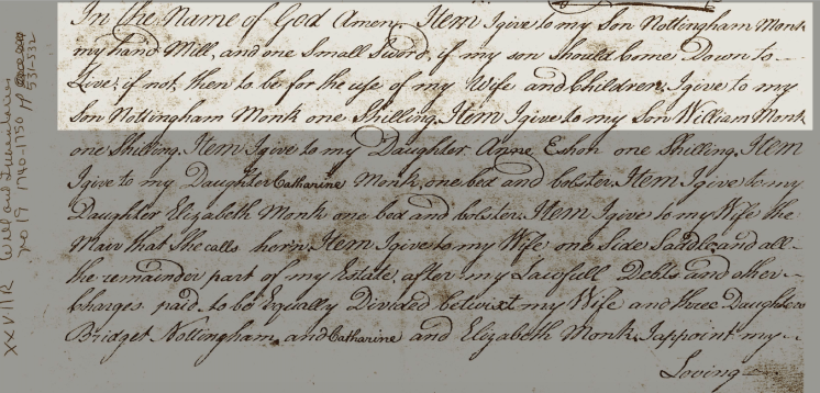 Monk, William, Northampton Co., Va., Wills and Inventories 27-R, #19, 1740-50, p. 531 (1)