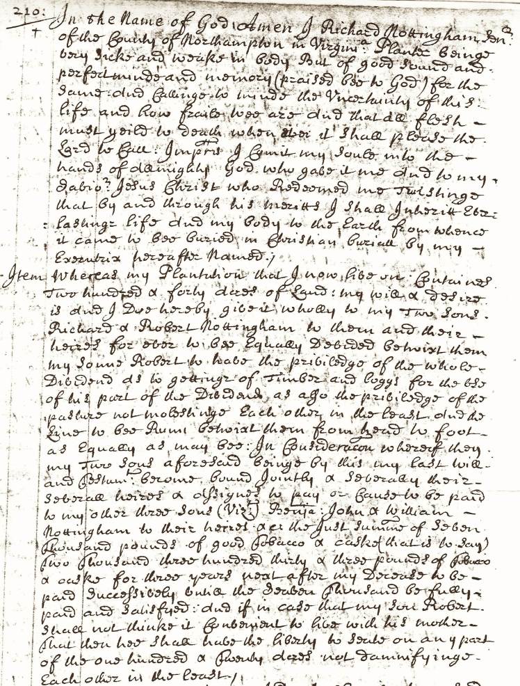 Nottingham, Richard, Will, Northampton Co., VA, Orders and Wills 13, 1689-98, p. 210 (1)