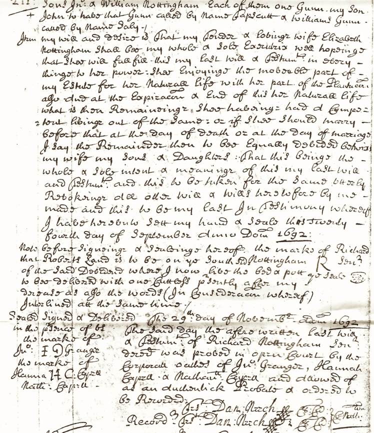 Nottingham, Richard, Will, Northampton Co., VA, Orders and Wills 13, 1689-98, p. 211