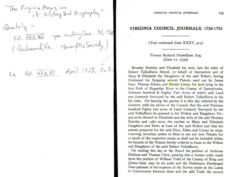 Lindsey, Dennis Spotsylvania Co VA Patent 1728