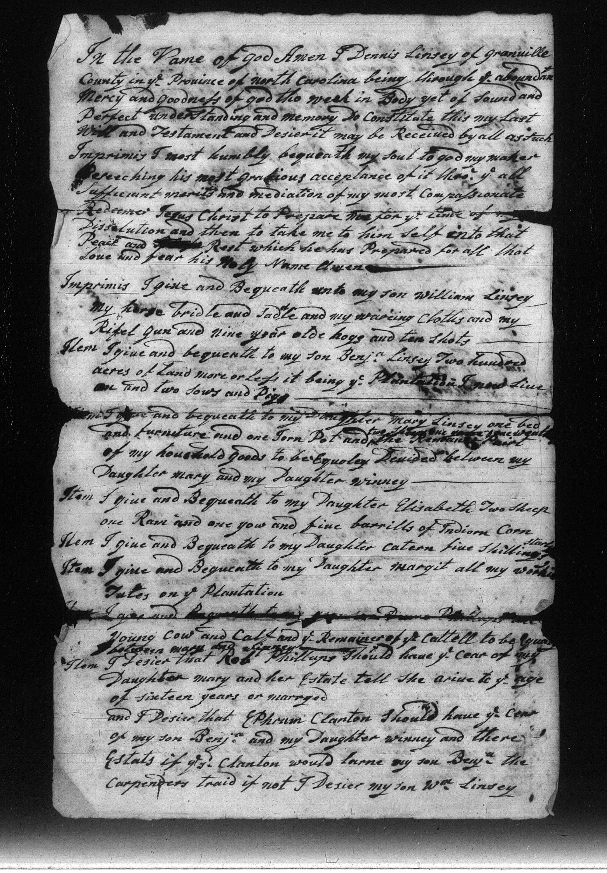 Lindsey, Dennis, Will 1762 Granville, NC