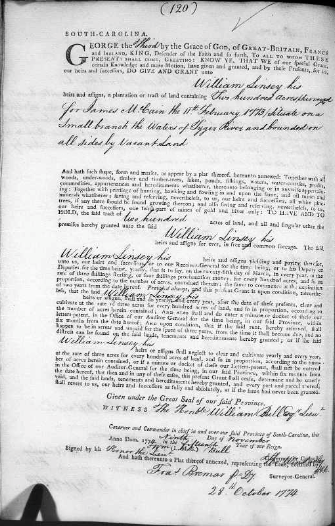 Lindsey, William, SC Royal Grants 34, 120, 1773