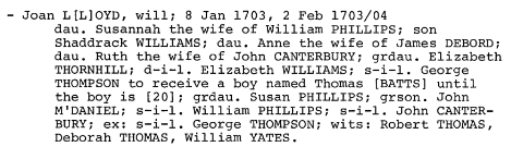 Will of Joan Loyd,Richmond County, Virginia, Wills and Inventories 1699-1709, p. 65.
