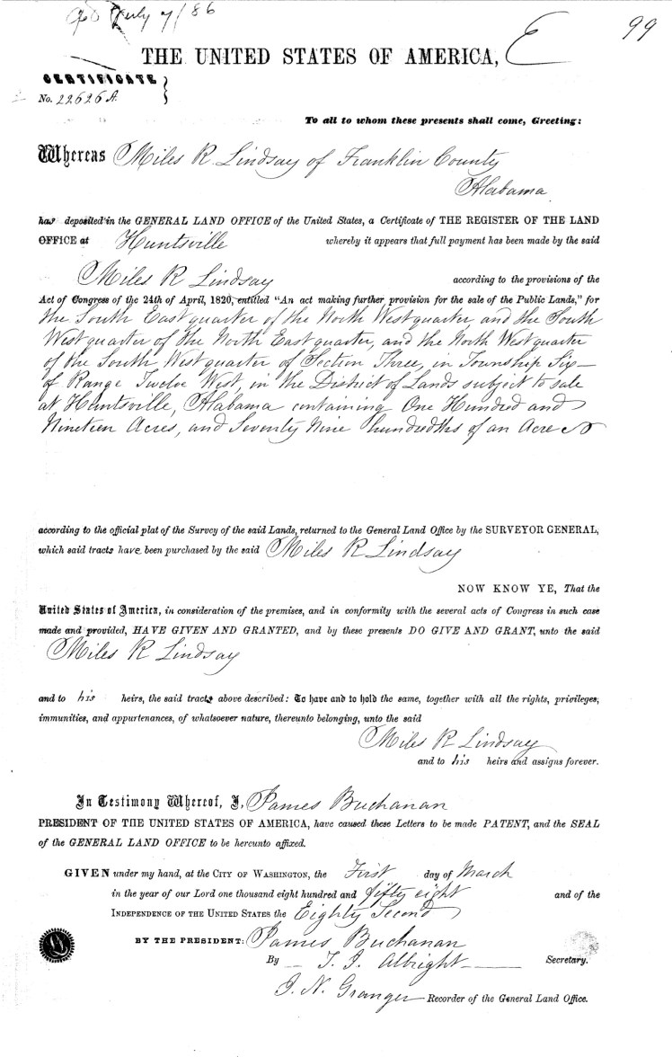 Lindsay, Miles, 1 March 1858 Land Patent, Patent Bk. 380, p. 99, # 22626A