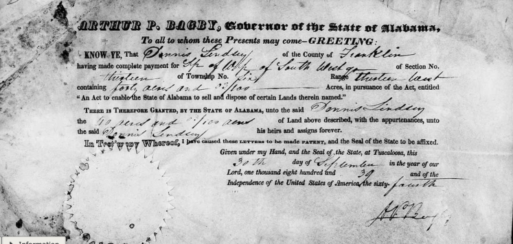 Lindsey, Dennis Patent, Franklin Co., AL, 30 Sept 1839, AL Land Office Records from AL Archives, LDS Film 1769330