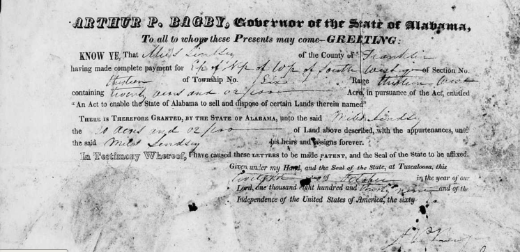 Lindsey, Miles, Patent, Franklin Co., AL, 12 Oct 1839, AL Land Office Records from AL Archives, LDS Film 1769330