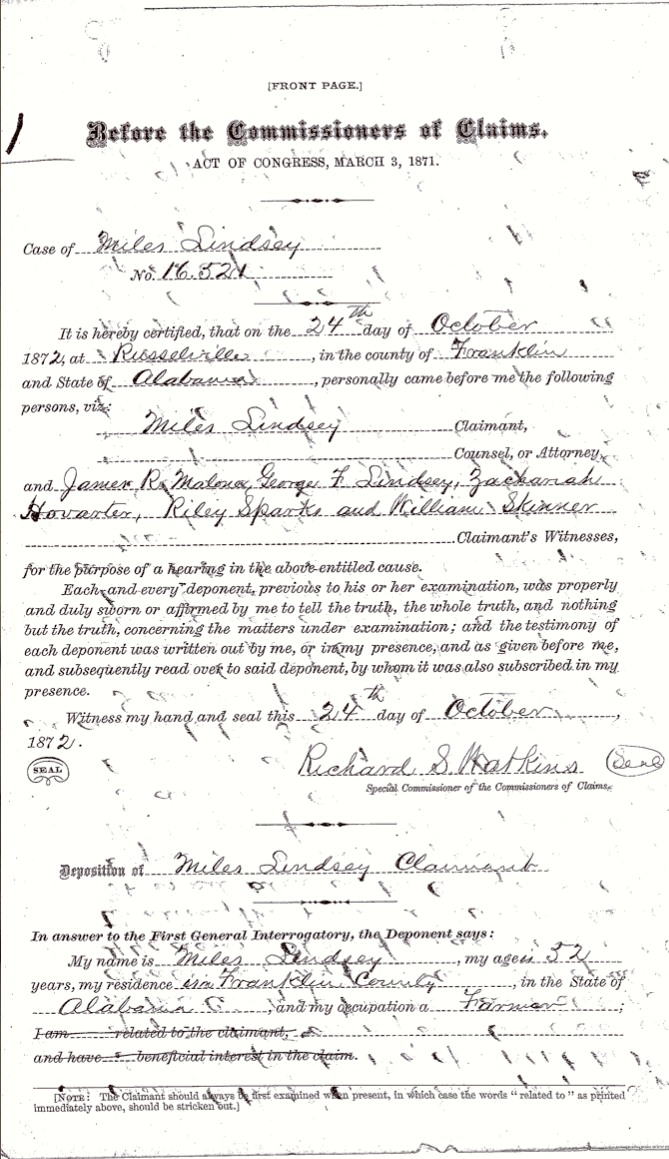 Lindsey, Miles R., 24 October 1872, Southern Claims Commission File, File 16521
