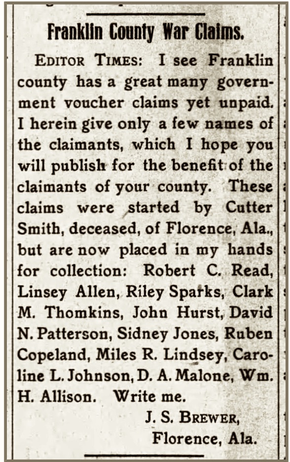 Lindsey, Miles R., Franklin Co. Times (Russellville, AL), 25 June 1908, p. 4, col. 3