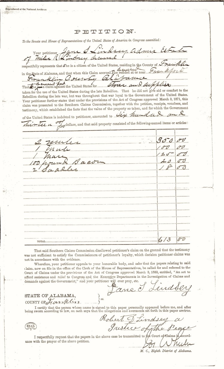 Lindsey, Miles R., Southern Claims Commission File, Jane's Petition