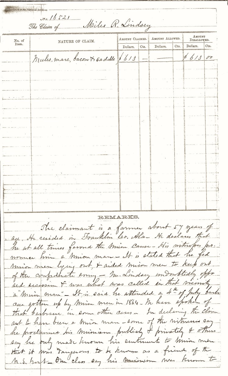 Lindsey, Miles R., Southern Claims Commission, Summary Page 1