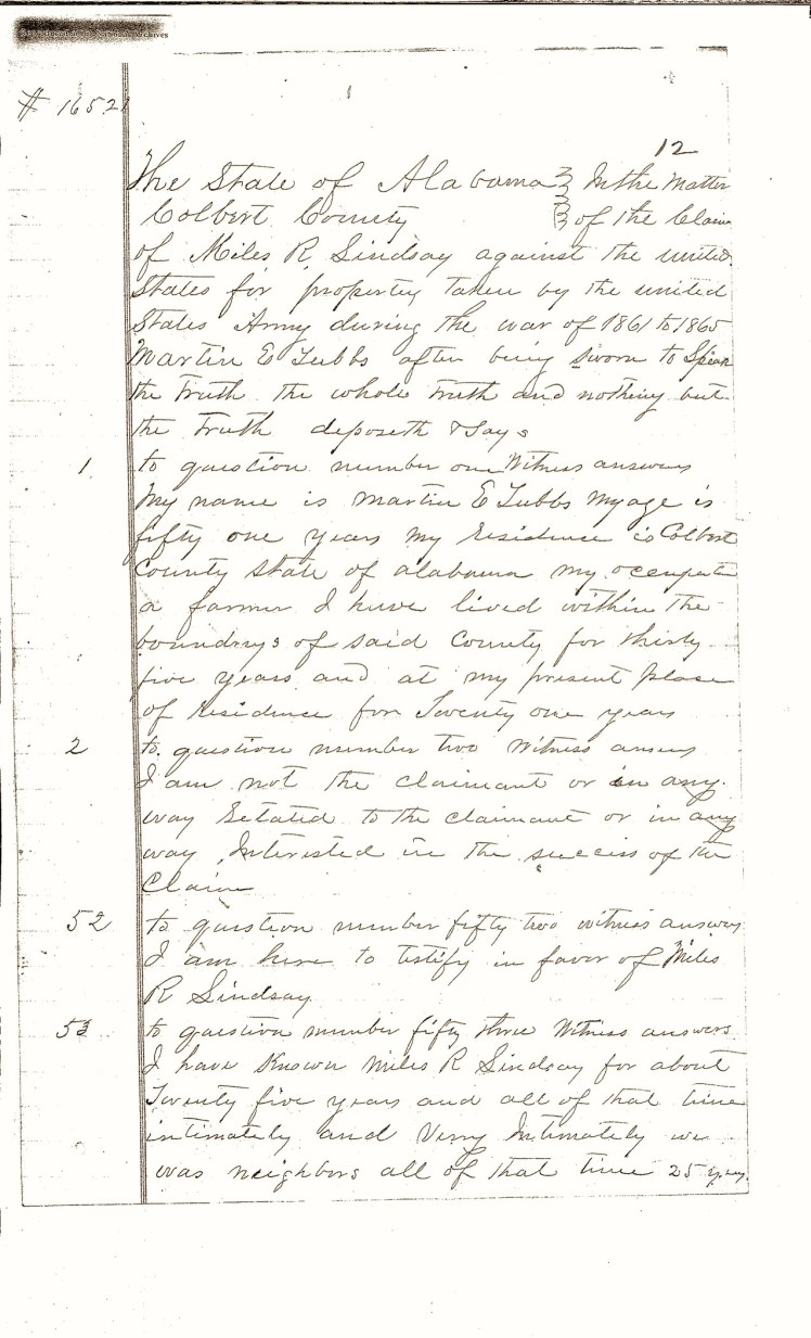 Lindsey, Miles R., Southern Claims Commission, Testimony of Martin Tubbs (p. 1)