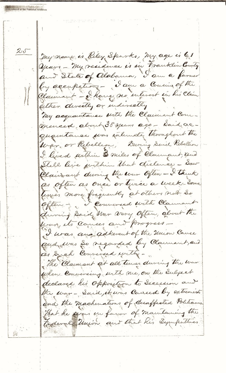 Lindsey, Miles R., Southern Claims Commission, Testimony of Riley Sparks (p. 1)