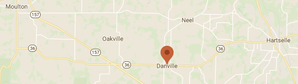 Google Maps showing Danville, Hartselle, Oakville, and Moulton