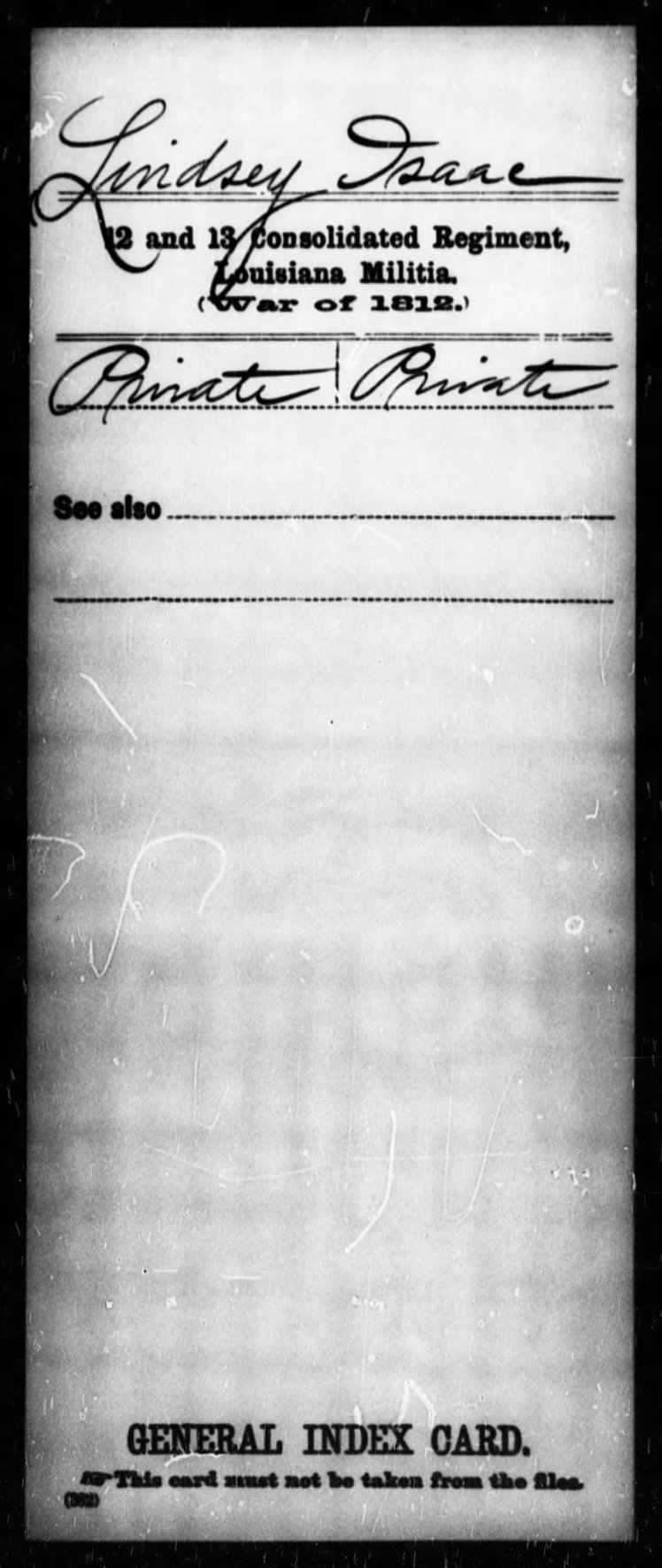 Lindsey, Isaac, War of 1812 Index Card