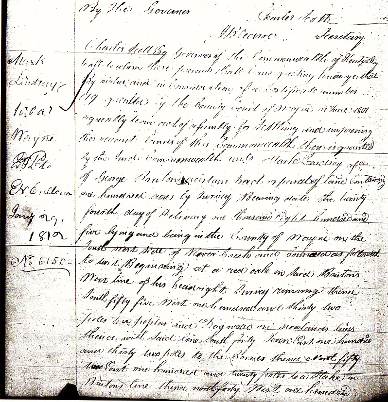 Lindsey, Mark, 1811 KY Land Grant Bk 10 p. 214 bottom