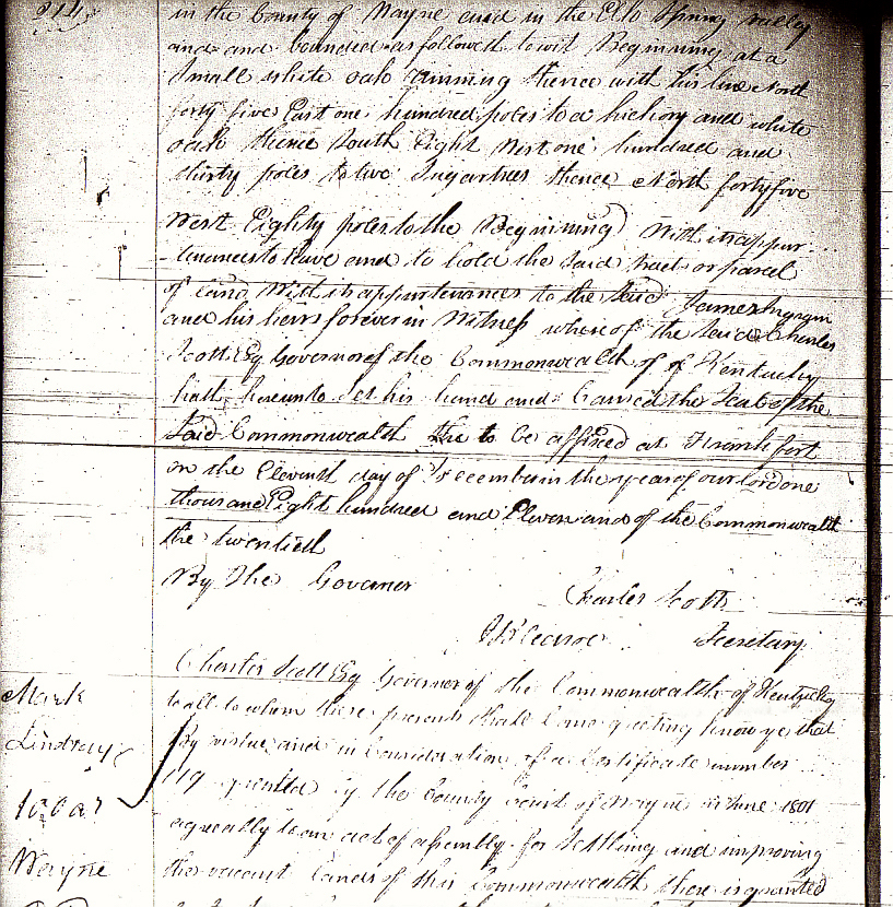 Lindsey, Mark, 1811 KY Land Grant Bk 10 p. 214 top