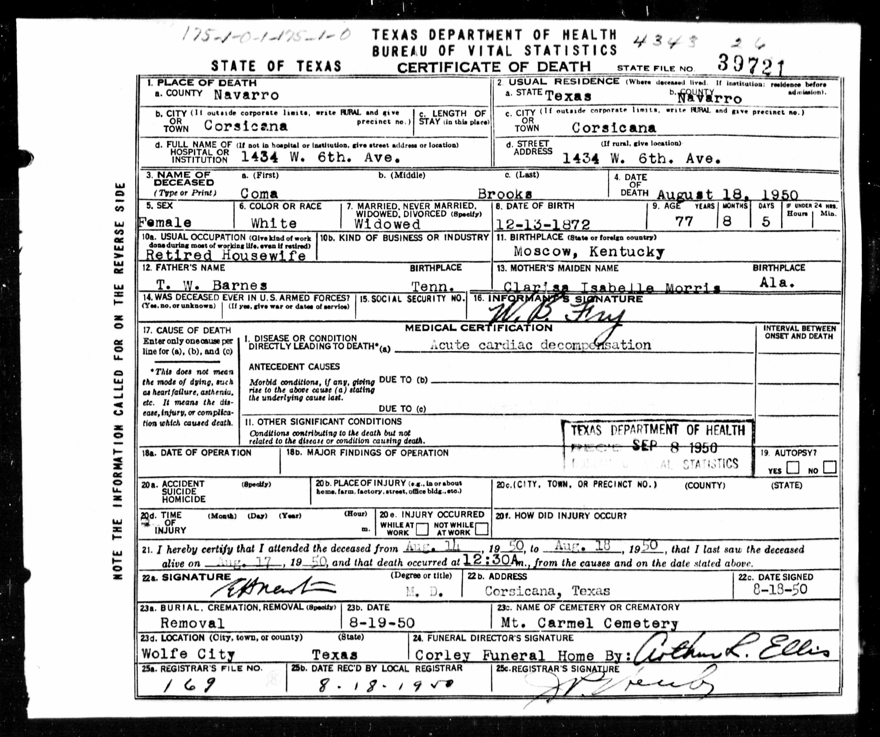 Coma Brooks Death Certificate