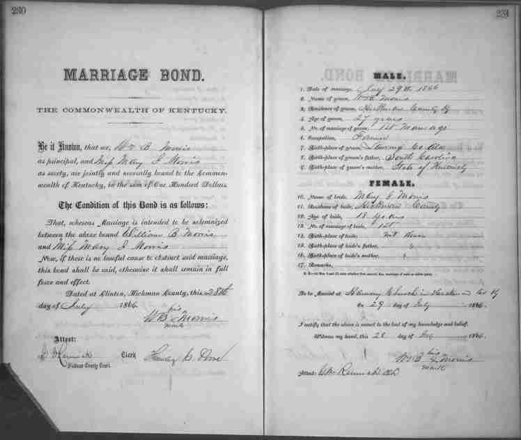 Marriage Bond William B. Morris Hickman Co. KY 1866