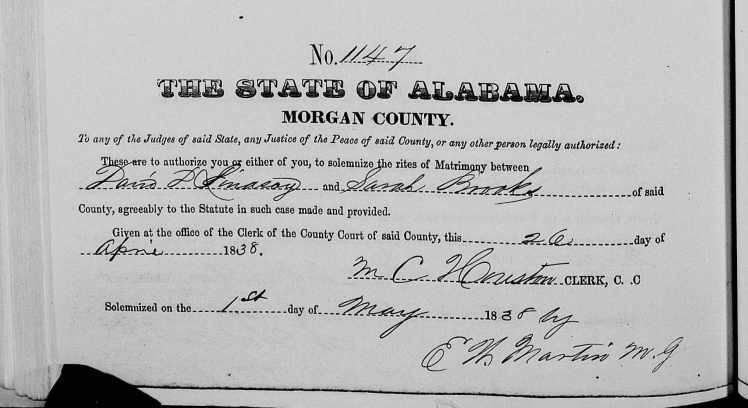 Lindsey, David D. Marriage to Sarah Brooks, Morgan AL Marriage Bk.1, 338