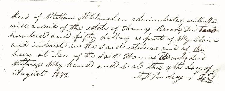 Lindsey, David Dinsmore Receipt for Share of Thomas Brooks Estate Aug 1842