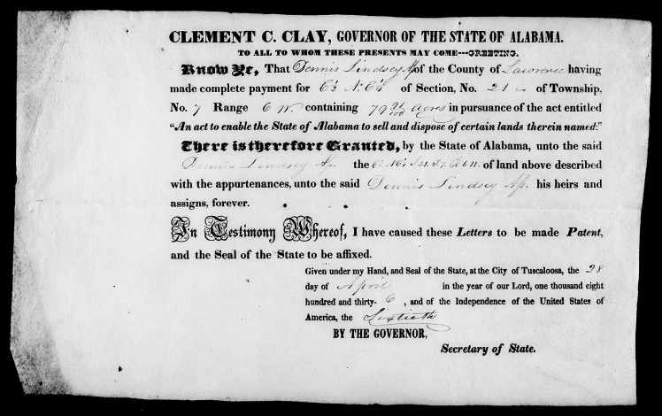 Lindsey, Dennis Land Patent 28 April 1836
