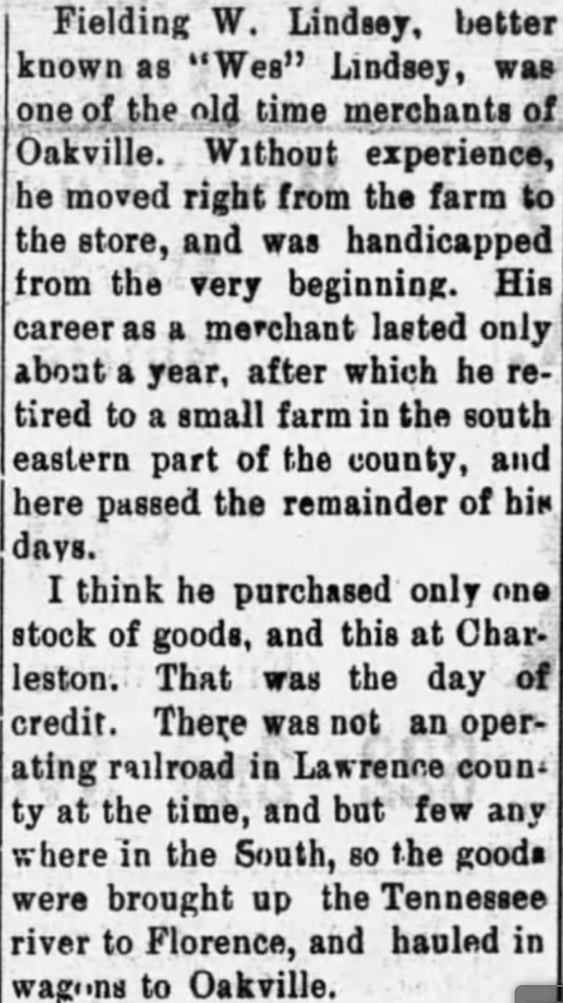 Lindsey, Fielding W., Barbee, Old Lawrence Reminiscent,Moulton Advertiser (20 April 1909), p. 1, col. 2-4 (1)