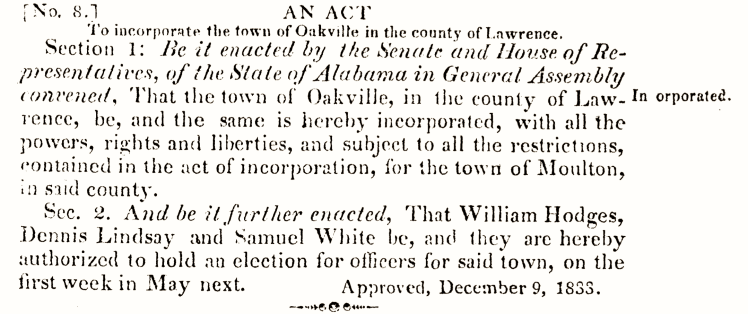 Oakville Incorporation, Alabama Legislature, Acts 1833, #8, p. 57