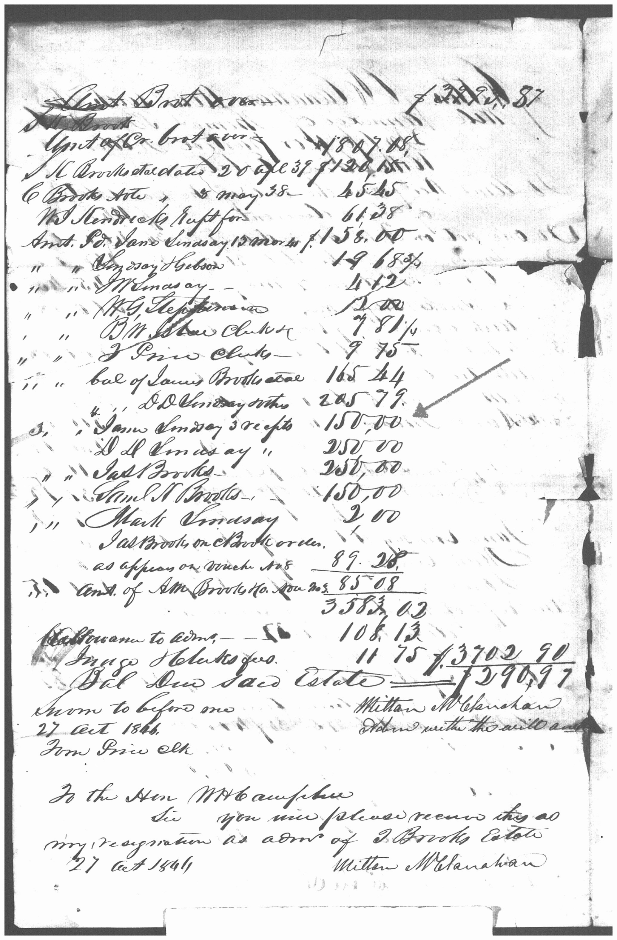 Brooks, Thomas Estate, 1844 Account